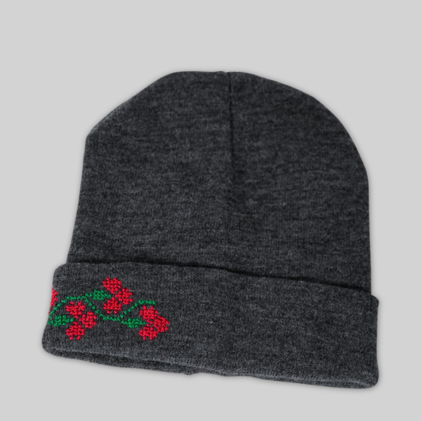 Jouri – Grey Beanie with Floral Tatreez Embroidery