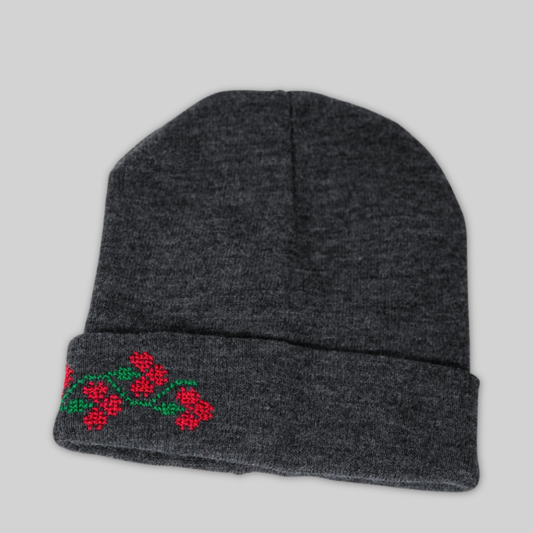 Jouri – Grey Beanie with Floral Tatreez Embroidery